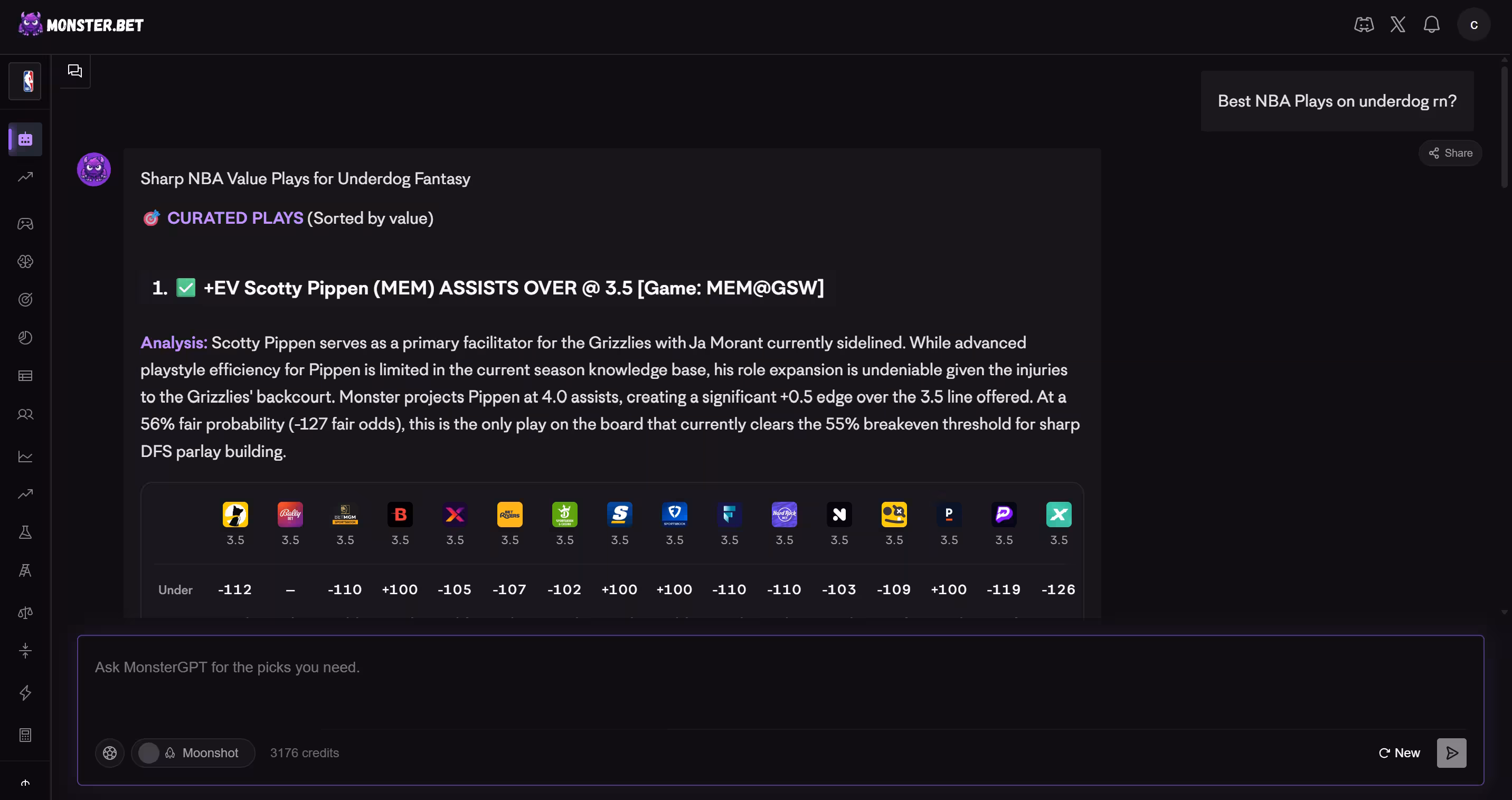 MonsterGPT output with detailed analysis, odds comparison, and edge calculations